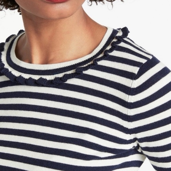 Boden Bernadette Striped Navy and White Ruffle Trim Sweater Size 10 - Picture 5 of 14